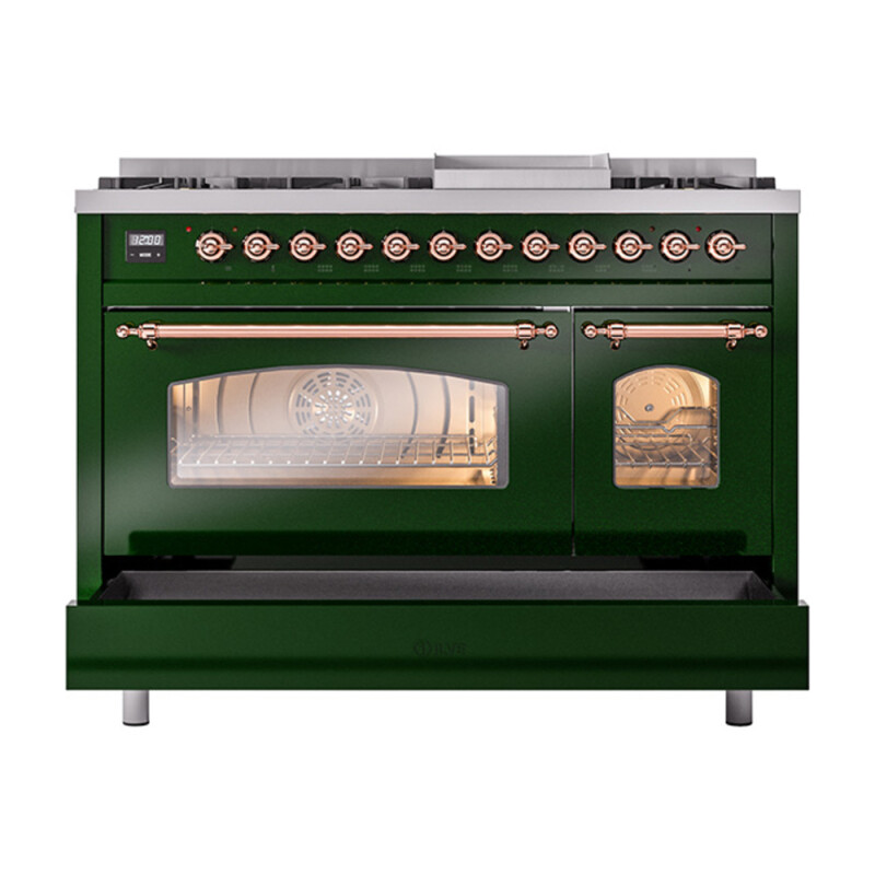 Nostalgie II 48 UP48FNMPEGP Freestanding Dual Fuel Range with 8 Sealed Burners with Griddle Double Oven with Triple Glass Door with Copper knobs UP48FNMPEGP