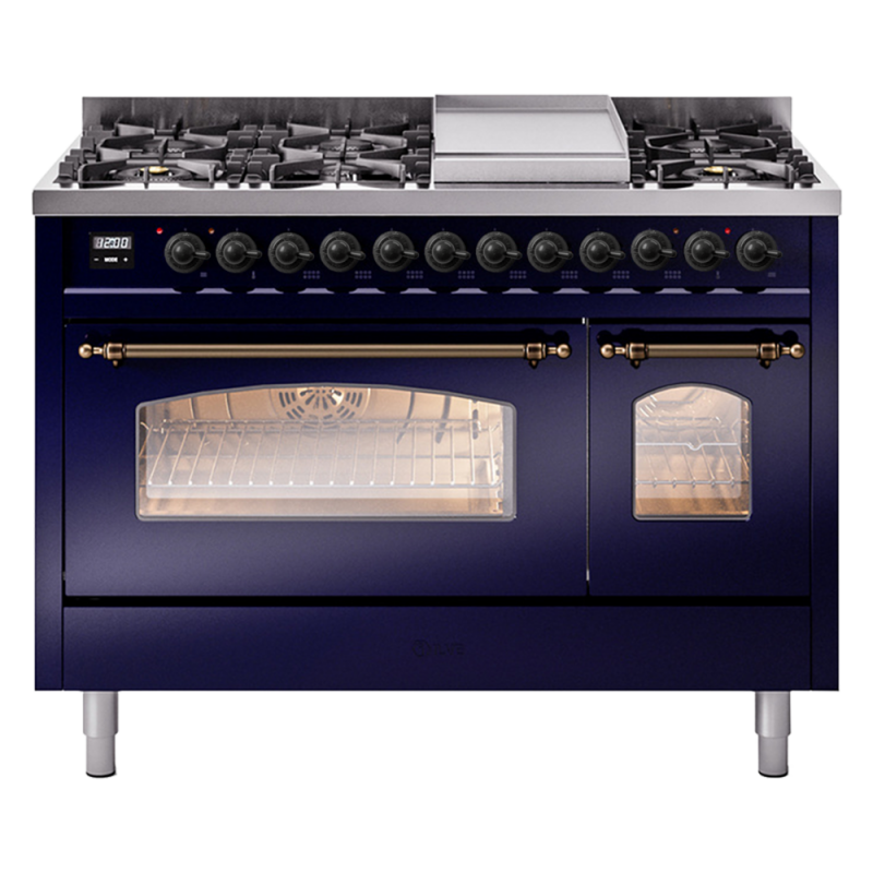 Nostalgie II 48 UP48FNMPMBB Freestanding Dual Fuel Range with 8 Sealed Burners with Griddle Double Oven with Triple Glass Door with Bronze knobs UP48FNMPMBBLP