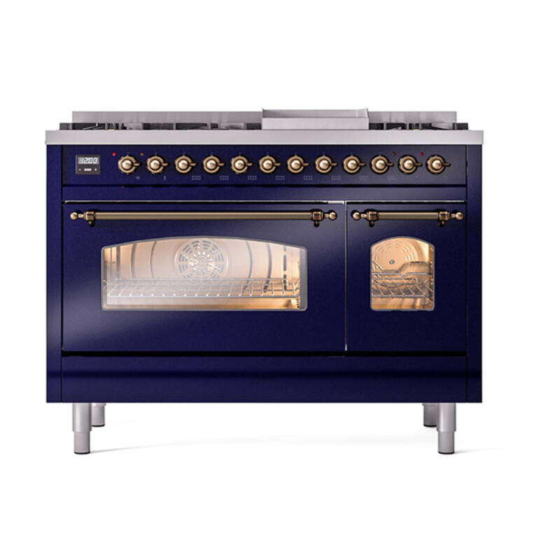 Nostalgie II 48 UP48FNMPMBB Freestanding Dual Fuel Range with 8 Sealed Burners with Griddle Double Oven with Triple Glass Door with Bronze knobs UP48FNMPMBBLP
