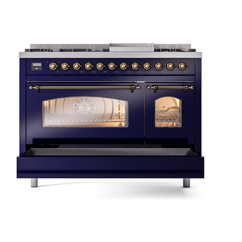 Nostalgie II 48 UP48FNMPMBB Freestanding Dual Fuel Range with 8 Sealed Burners with Griddle Double Oven with Triple Glass Door with Bronze knobs UP48FNMPMBBLP
