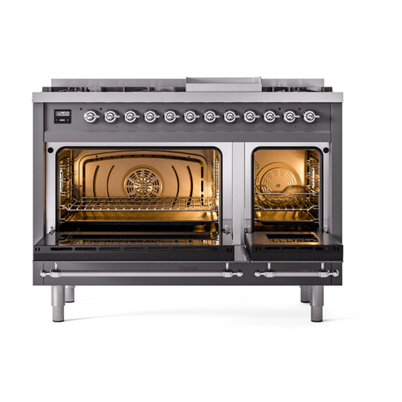 Nostalgie II 48 UP48FNMPMGC Freestanding Dual Fuel Range with 8 Sealed Burners with Griddle Double Oven with Triple Glass Door with Chrome knobs UP48FNMPMGCLP