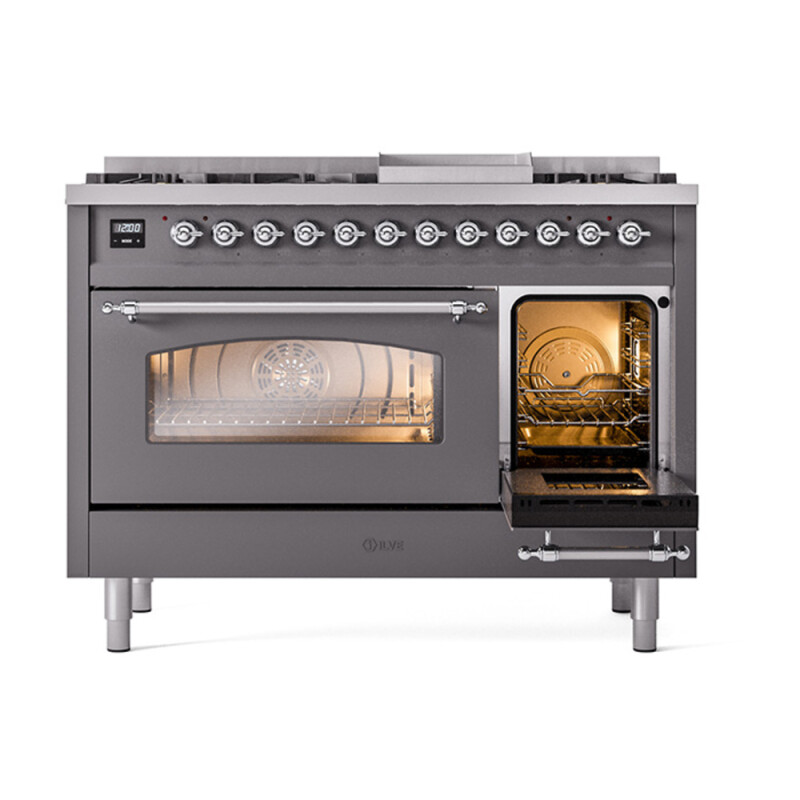Nostalgie II 48 UP48FNMPMGC Freestanding Dual Fuel Range with 8 Sealed Burners with Griddle Double Oven with Triple Glass Door with Chrome knobs UP48FNMPMGCLP