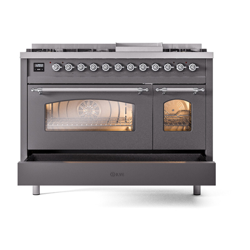 Nostalgie II 48 UP48FNMPMGC Freestanding Dual Fuel Range with 8 Sealed Burners with Griddle Double Oven with Triple Glass Door with Chrome knobs UP48FNMPMGCLP