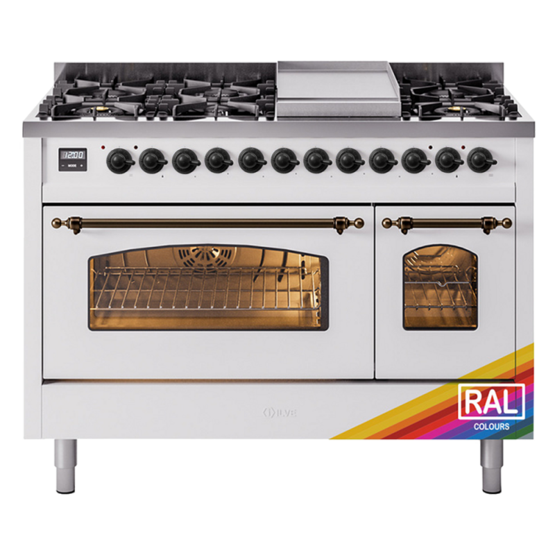 Nostalgie II 48 UP48FNMPRAB Freestanding Dual Fuel Range with 8 Sealed Burners with Griddle Double Oven with Triple Glass Door with Bronze knobs UP48FNMPRABLP