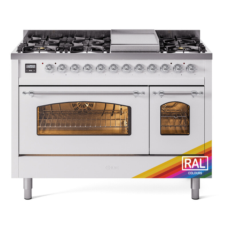 Nostalgie II 48 UP48FNMPRAC Freestanding Dual Fuel Range with 8 Sealed Burners with Griddle Double Oven with Triple Glass Door with Chrome knobs UP48FNMPRACLP