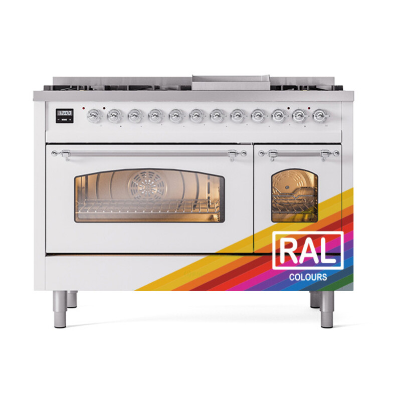 Nostalgie II 48 UP48FNMPRAC Freestanding Dual Fuel Range with 8 Sealed Burners with Griddle Double Oven with Triple Glass Door with Chrome knobs UP48FNMPRACLP