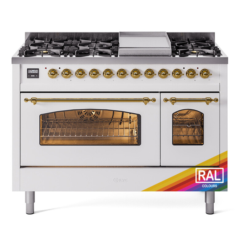 Nostalgie II 48 UP48FNMPRAG Freestanding Dual Fuel Range with 8 Sealed Burners with Griddle Double Oven with Triple Glass Door with Brass knobs UP48FNMPRAGLP