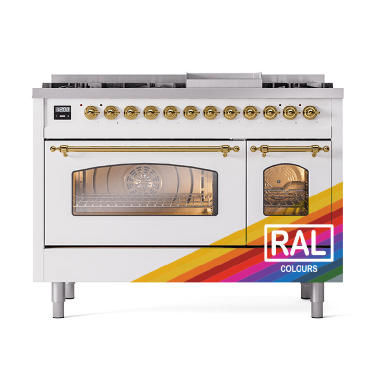Nostalgie II 48 UP48FNMPRAG Freestanding Dual Fuel Range with 8 Sealed Burners with Griddle Double Oven with Triple Glass Door with Brass knobs UP48FNMPRAGLP