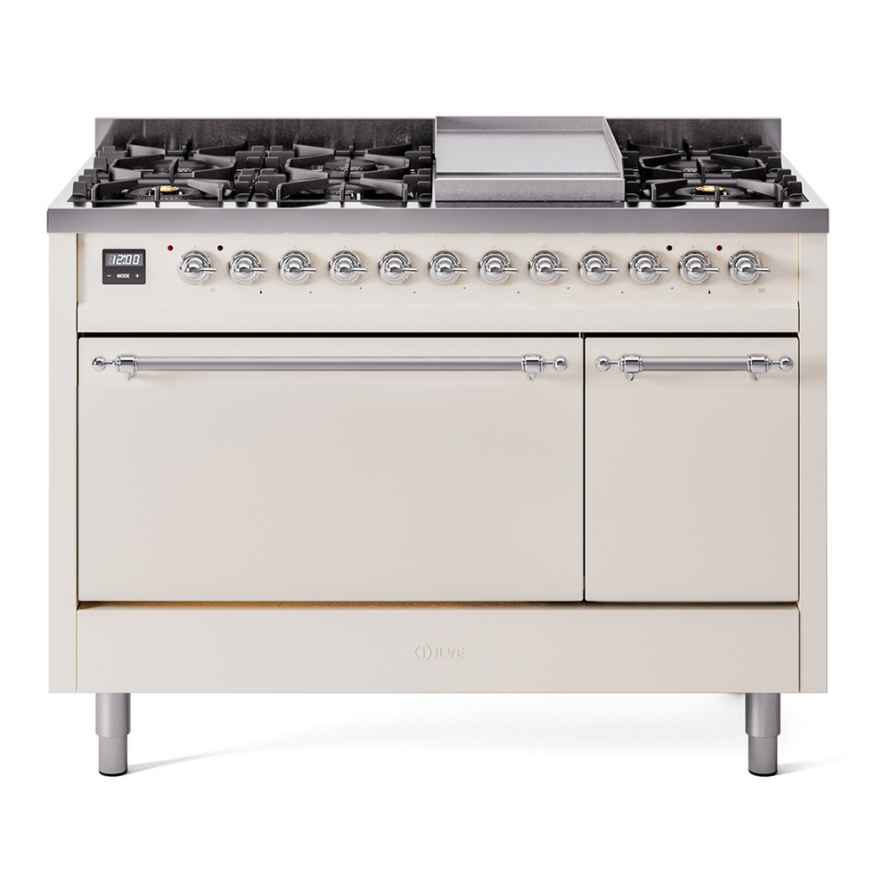 Nostalgie II 48 UP48FQNMPAWC Freestanding Dual Fuel Range with 8 Sealed Burners with Griddle Double Oven with Solid Door with Chrome knobs UP48FQNMPAWCLP
