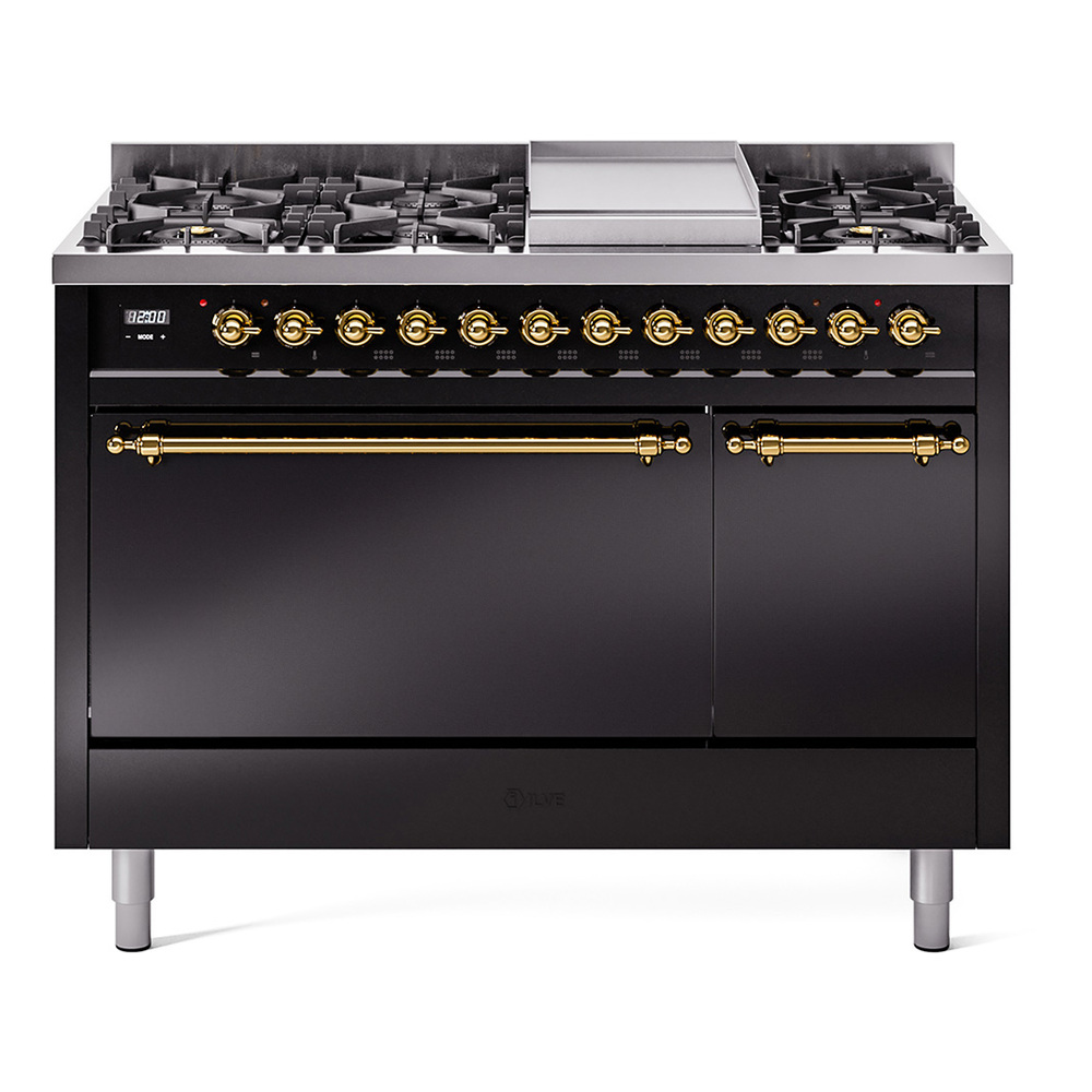Nostalgie II 48 UP48FQNMPBKG Freestanding Dual Fuel Range with 8 Sealed Burners with Griddle Double Oven with Solid Door with Brass knobs UP48FQNMPBKGLP