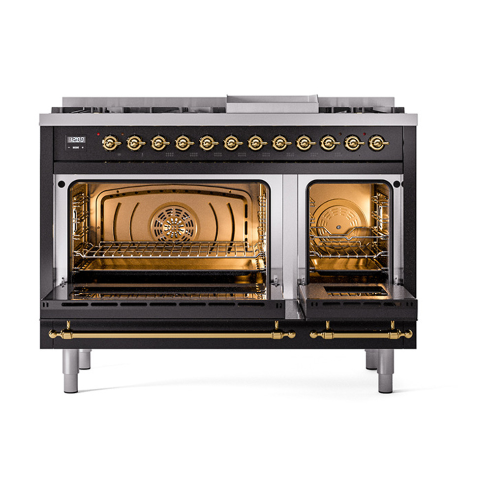 Nostalgie II 48 UP48FQNMPBKG Freestanding Dual Fuel Range with 8 Sealed Burners with Griddle Double Oven with Solid Door with Brass knobs UP48FQNMPBKGLP