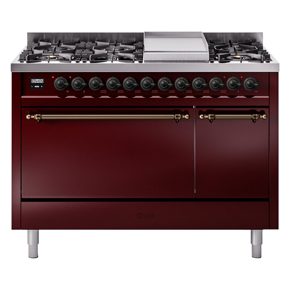 Nostalgie II 48 UP48FQNMPBUB Freestanding Dual Fuel Range with 8 Sealed Burners with Griddle Double Oven with Solid Door with Bronze knobs UP48FQNMPBUBLP