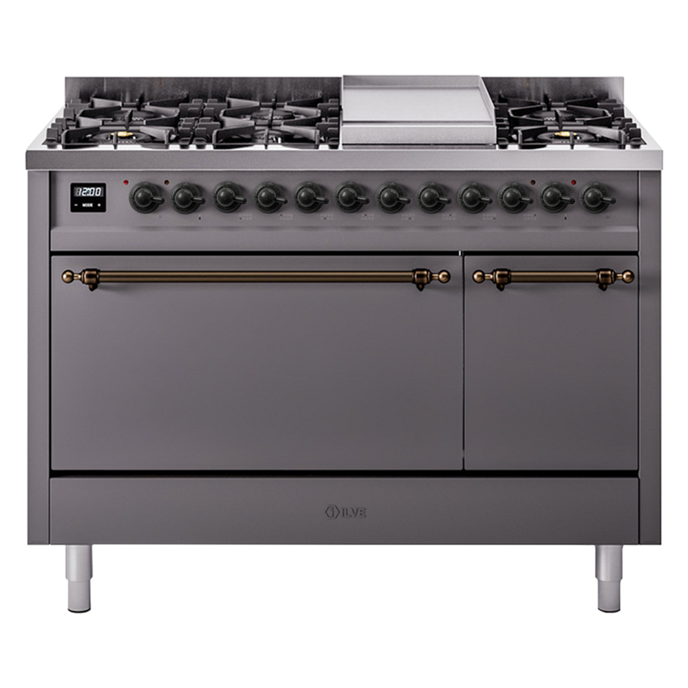 Nostalgie II 48 UP48FQNMPMGB Freestanding Dual Fuel Range with 8 Sealed Burners with Griddle Double Oven with Solid Door with Bronze knobs UP48FQNMPMGBLP