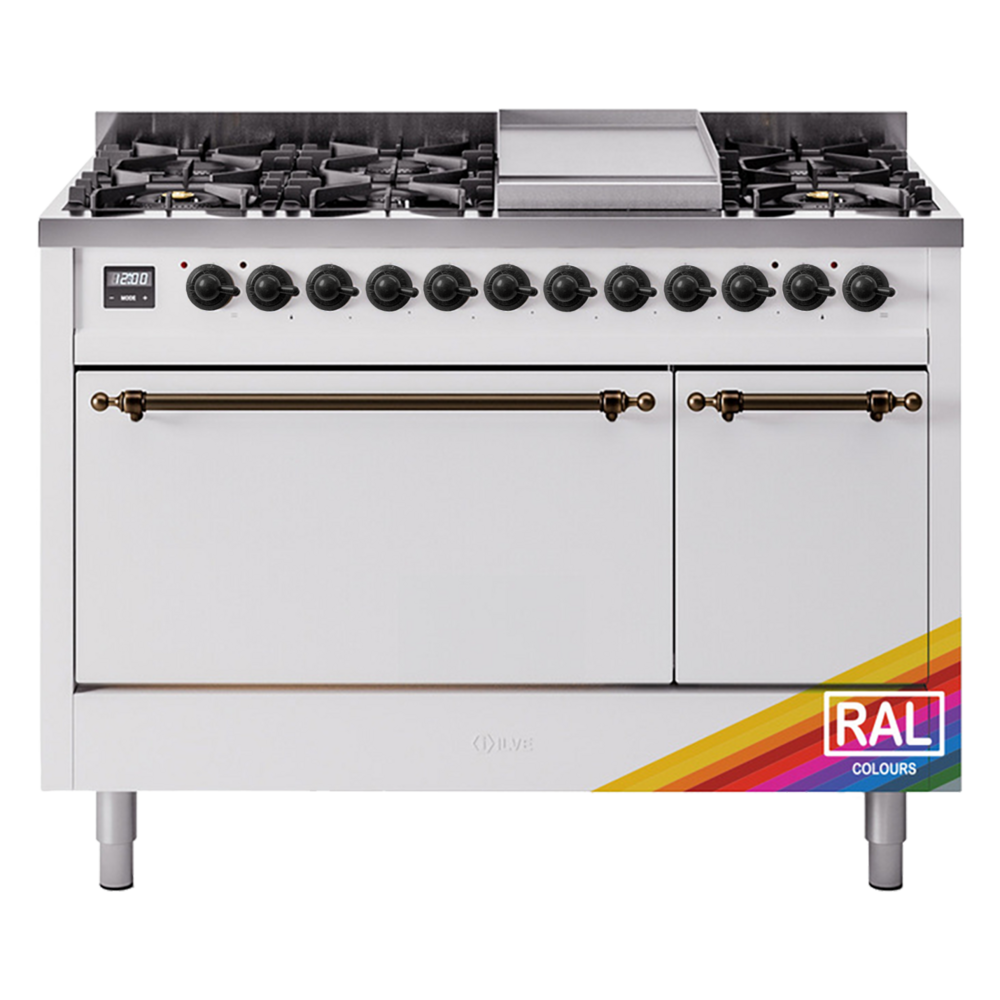 Nostalgie II 48 UP48FQNMPRAB Freestanding Dual Fuel Range with 8 Sealed Burners with Griddle Double Oven with Solid Door with Bronze knobs UP48FQNMPRABLP