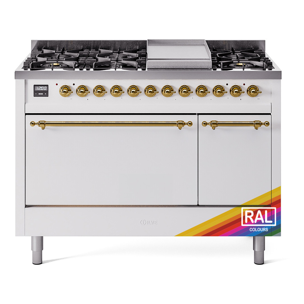 Nostalgie II 48 UP48FQNMPRAG Freestanding Dual Fuel Range with 8 Sealed Burners with Griddle Double Oven with Solid Door with Brass knobs UP48FQNMPRAG