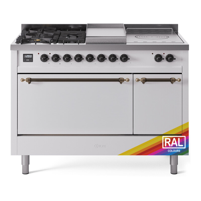 Nostalgie II 48 UP48FSQNMPRAB Freestanding Dual Fuel Range with 5 Sealed Burners with Griddle and French Top Double Oven with Solid Door with Bronze knobs UP48FSQNMPRABLP