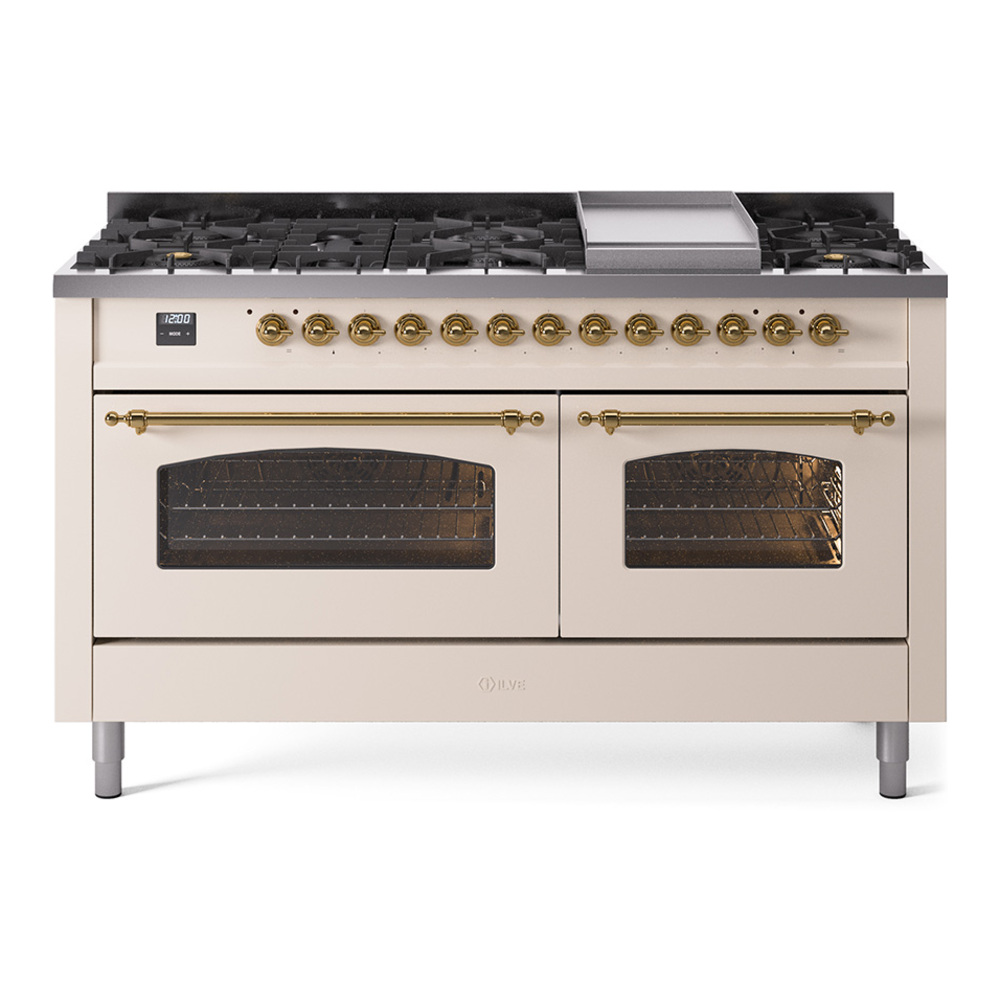 Nostalgie II 60 UP60FNMPAWG Freestanding Dual Fuel Range with 9 Sealed Burners with Griddle Double Oven with Triple Glass Door with Brass knobs UP60FNMPAWGLP
