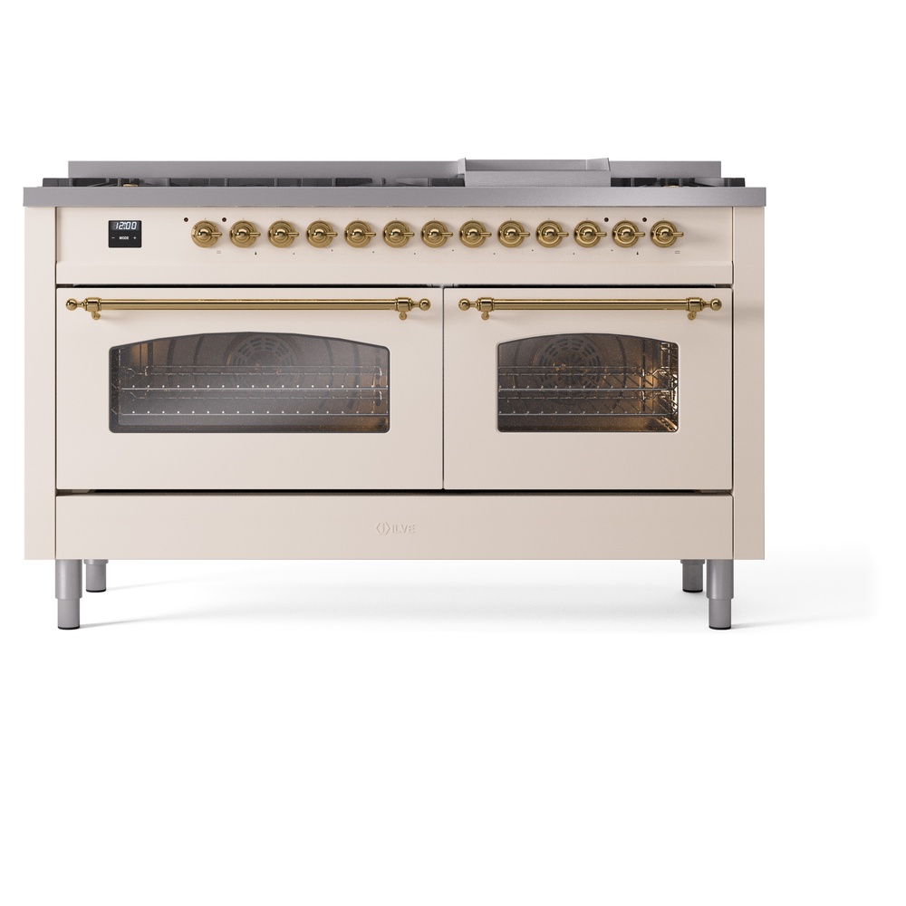 Nostalgie II 60 UP60FNMPAWG Freestanding Dual Fuel Range with 9 Sealed Burners with Griddle Double Oven with Triple Glass Door with Brass knobs UP60FNMPAWGLP