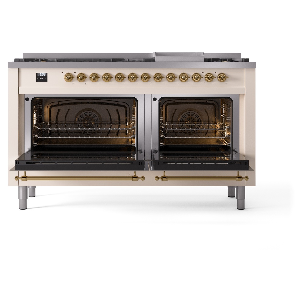 Nostalgie II 60 UP60FNMPAWG Freestanding Dual Fuel Range with 9 Sealed Burners with Griddle Double Oven with Triple Glass Door with Brass knobs UP60FNMPAWGLP