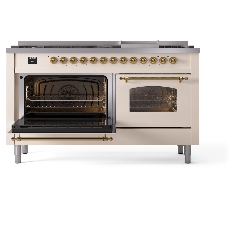 Nostalgie II 60 UP60FNMPAWG Freestanding Dual Fuel Range with 9 Sealed Burners with Griddle Double Oven with Triple Glass Door with Brass knobs UP60FNMPAWGLP