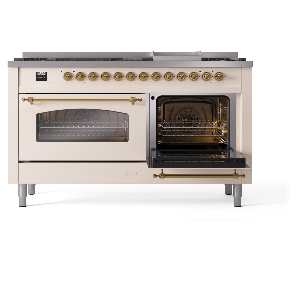 Nostalgie II 60 UP60FNMPAWG Freestanding Dual Fuel Range with 9 Sealed Burners with Griddle Double Oven with Triple Glass Door with Brass knobs UP60FNMPAWGLP