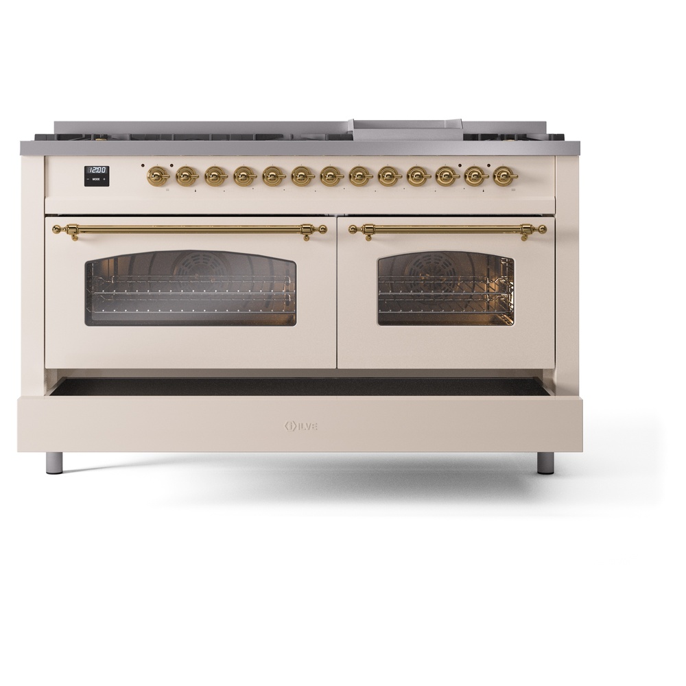 Nostalgie II 60 UP60FNMPAWG Freestanding Dual Fuel Range with 9 Sealed Burners with Griddle Double Oven with Triple Glass Door with Brass knobs UP60FNMPAWGLP
