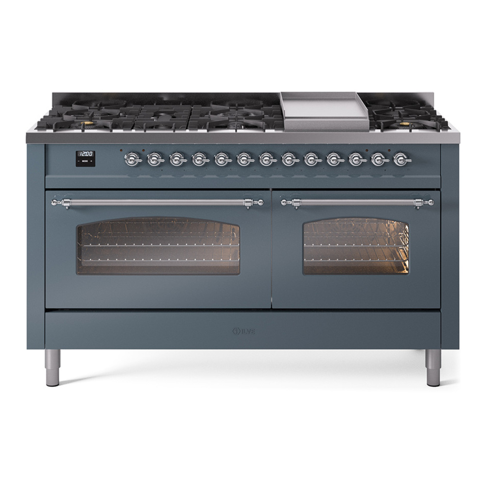 Nostalgie II 60 UP60FNMPBGC Freestanding Dual Fuel Range with 9 Sealed Burners with Griddle Double Oven with Triple Glass Door with Chrome knobs UP60FNMPBGCLP