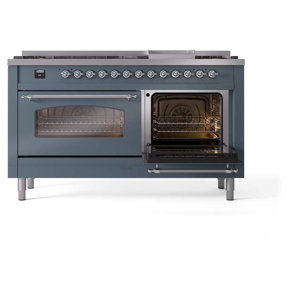 Nostalgie II 60 UP60FNMPBGC Freestanding Dual Fuel Range with 9 Sealed Burners with Griddle Double Oven with Triple Glass Door with Chrome knobs UP60FNMPBGCLP