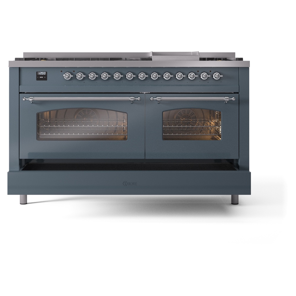 Nostalgie II 60 UP60FNMPBGC Freestanding Dual Fuel Range with 9 Sealed Burners with Griddle Double Oven with Triple Glass Door with Chrome knobs UP60FNMPBGCLP