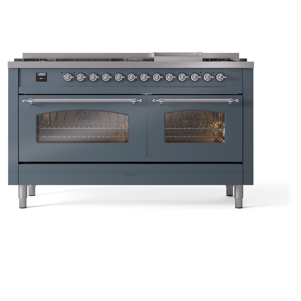 Nostalgie II 60 UP60FNMPBGC Freestanding Dual Fuel Range with 9 Sealed Burners with Griddle Double Oven with Triple Glass Door with Chrome knobs UP60FNMPBGC