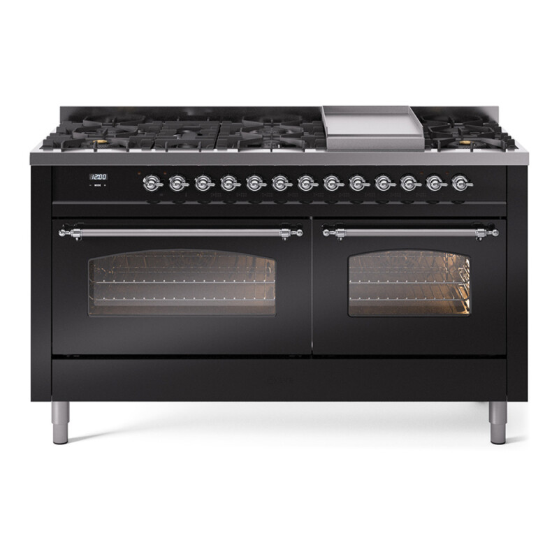 Nostalgie II 60 UP60FNMPBKC Freestanding Dual Fuel Range with 9 Sealed Burners with Griddle Double Oven with Triple Glass Door with Chrome knobs UP60FNMPBKC