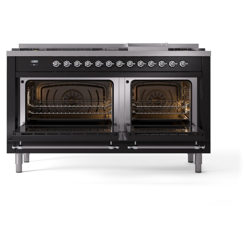 Nostalgie II 60 UP60FNMPBKC Freestanding Dual Fuel Range with 9 Sealed Burners with Griddle Double Oven with Triple Glass Door with Chrome knobs UP60FNMPBKC