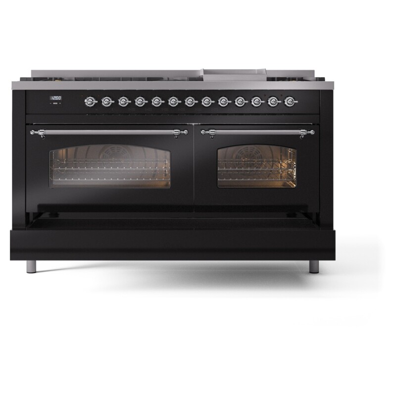 Nostalgie II 60 UP60FNMPBKC Freestanding Dual Fuel Range with 9 Sealed Burners with Griddle Double Oven with Triple Glass Door with Chrome knobs UP60FNMPBKC