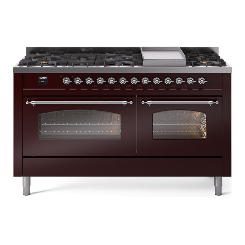 Nostalgie II 60 UP60FNMPBUC Freestanding Dual Fuel Range with 9 Sealed Burners with Griddle Double Oven with Triple Glass Door with Chrome knobs UP60FNMPBUCLP