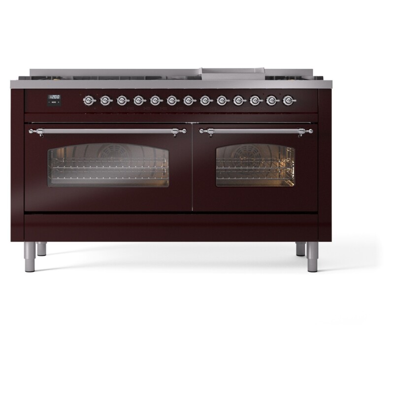 Nostalgie II 60 UP60FNMPBUC Freestanding Dual Fuel Range with 9 Sealed Burners with Griddle Double Oven with Triple Glass Door with Chrome knobs UP60FNMPBUCLP