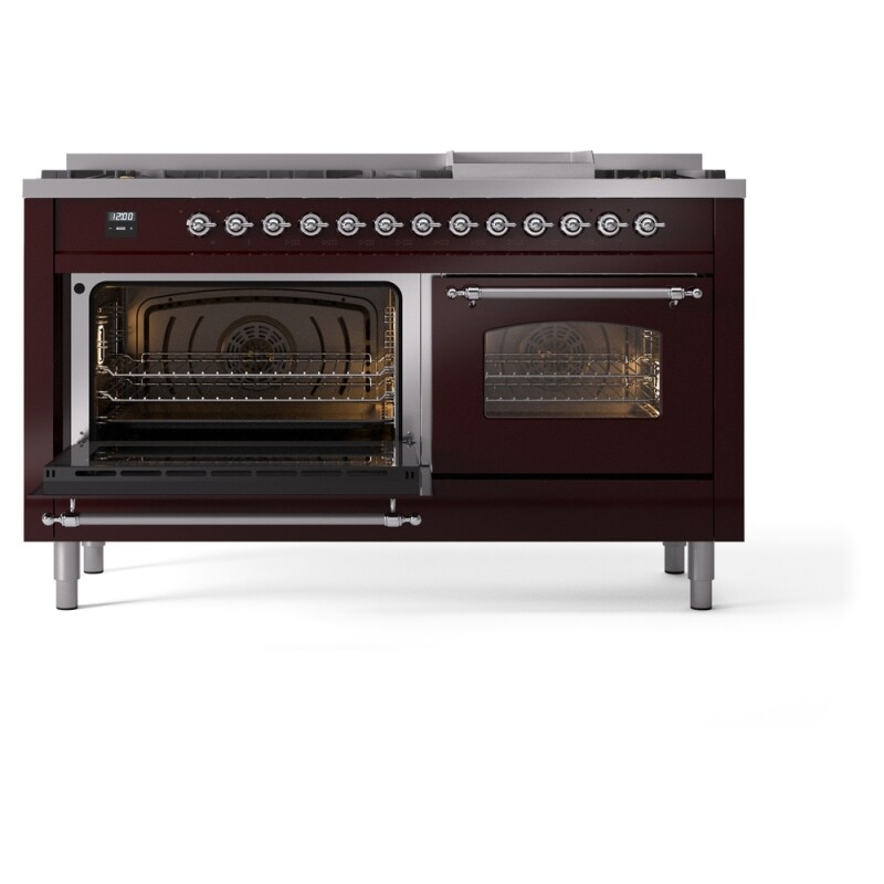 Nostalgie II 60 UP60FNMPBUC Freestanding Dual Fuel Range with 9 Sealed Burners with Griddle Double Oven with Triple Glass Door with Chrome knobs UP60FNMPBUCLP