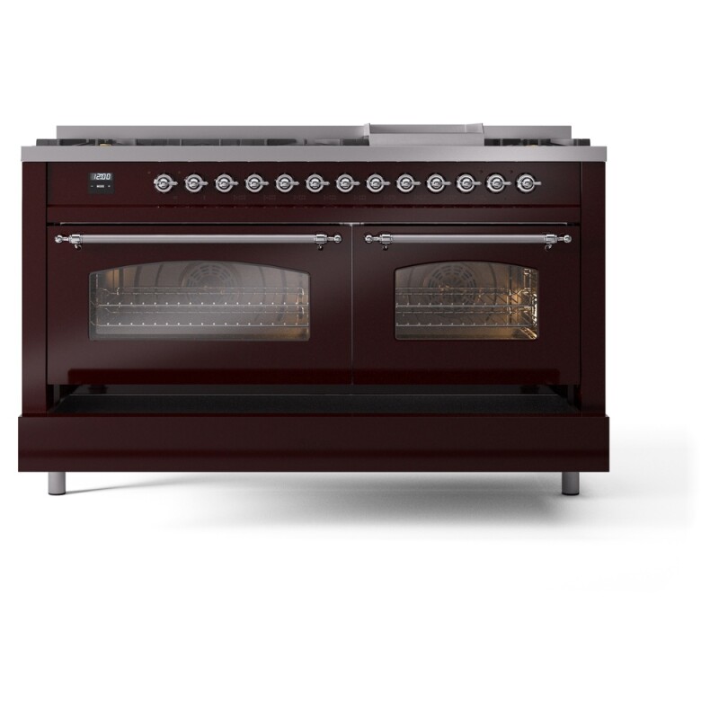 Nostalgie II 60 UP60FNMPBUC Freestanding Dual Fuel Range with 9 Sealed Burners with Griddle Double Oven with Triple Glass Door with Chrome knobs UP60FNMPBUCLP