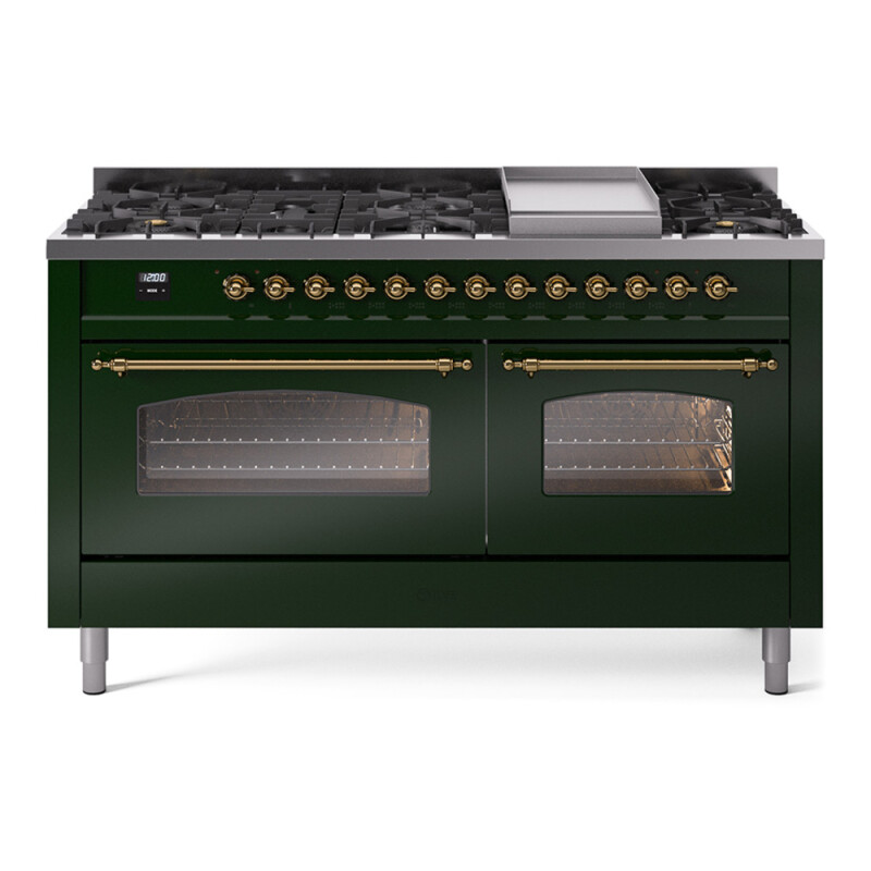 Nostalgie II 60 UP60FNMPEGG Freestanding Dual Fuel Range with 9 Sealed Burners with Griddle Double Oven with Triple Glass Door with Brass knobs UP60FNMPEGG