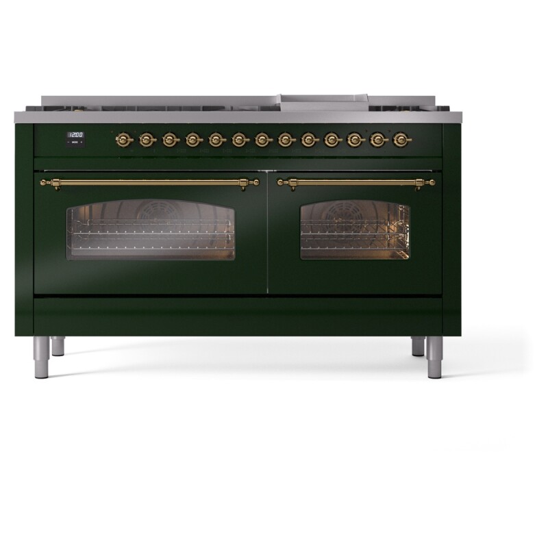Nostalgie II 60 UP60FNMPEGG Freestanding Dual Fuel Range with 9 Sealed Burners with Griddle Double Oven with Triple Glass Door with Brass knobs UP60FNMPEGG