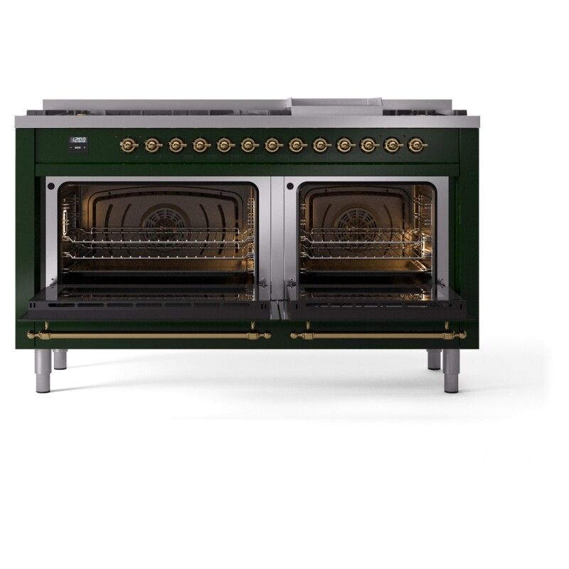 Nostalgie II 60 UP60FNMPEGG Freestanding Dual Fuel Range with 9 Sealed Burners with Griddle Double Oven with Triple Glass Door with Brass knobs UP60FNMPEGG