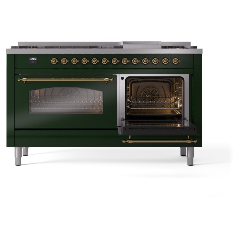 Nostalgie II 60 UP60FNMPEGG Freestanding Dual Fuel Range with 9 Sealed Burners with Griddle Double Oven with Triple Glass Door with Brass knobs UP60FNMPEGG