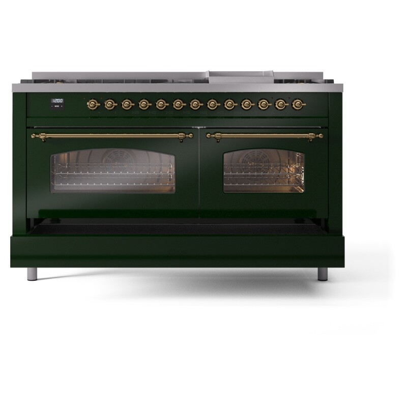 Nostalgie II 60 UP60FNMPEGG Freestanding Dual Fuel Range with 9 Sealed Burners with Griddle Double Oven with Triple Glass Door with Brass knobs UP60FNMPEGG