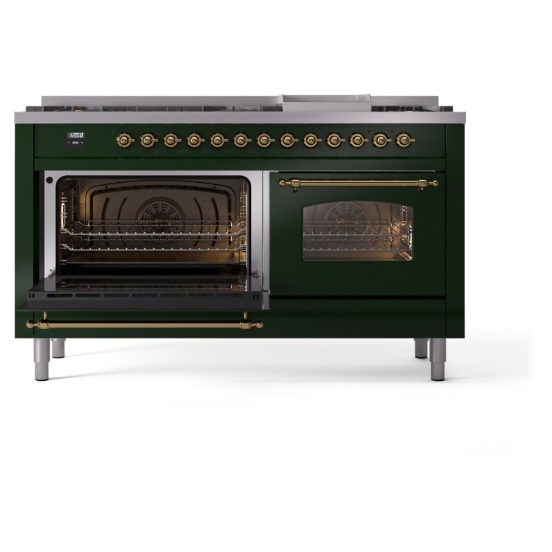 Nostalgie II 60 UP60FNMPEGG Freestanding Dual Fuel Range with 9 Sealed Burners with Griddle Double Oven with Triple Glass Door with Brass knobs UP60FNMPEGGLP