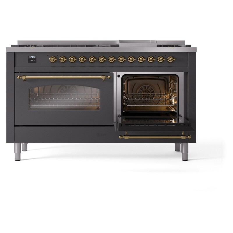 Nostalgie II 60 UP60FNMPMGG Freestanding Dual Fuel Range with 9 Sealed Burners with Griddle Double Oven with Triple Glass Door with Brass knobs UP60FNMPMGG