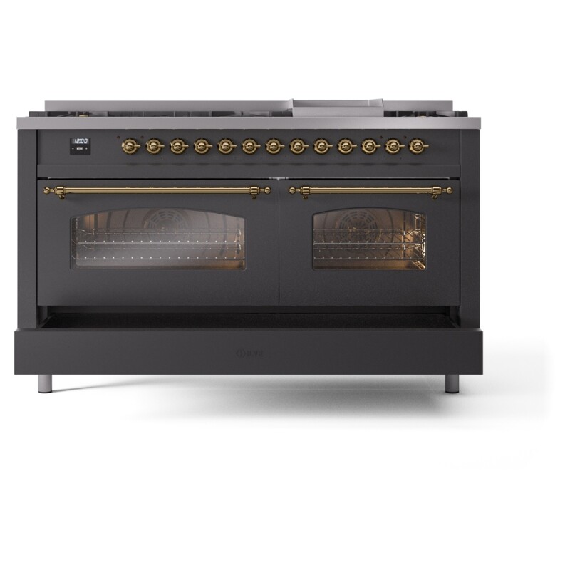 Nostalgie II 60 UP60FNMPMGG Freestanding Dual Fuel Range with 9 Sealed Burners with Griddle Double Oven with Triple Glass Door with Brass knobs UP60FNMPMGG
