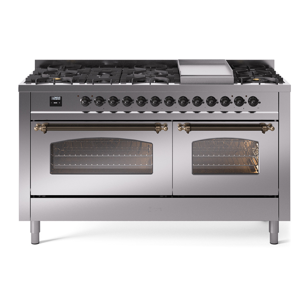Nostalgie II 60 UP60FNMPSSB Freestanding Dual Fuel Range with 9 Sealed Burners with Griddle Double Oven with Triple Glass Door with Bronze knobs UP60FNMPSSBLP
