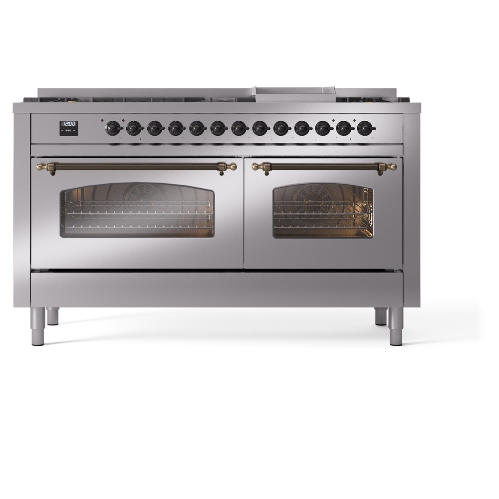 Nostalgie II 60 UP60FNMPSSB Freestanding Dual Fuel Range with 9 Sealed Burners with Griddle Double Oven with Triple Glass Door with Bronze knobs UP60FNMPSSBLP