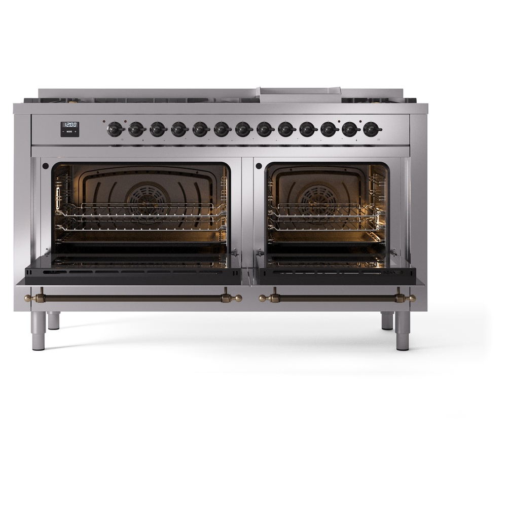 Nostalgie II 60 UP60FNMPSSB Freestanding Dual Fuel Range with 9 Sealed Burners with Griddle Double Oven with Triple Glass Door with Bronze knobs UP60FNMPSSBLP