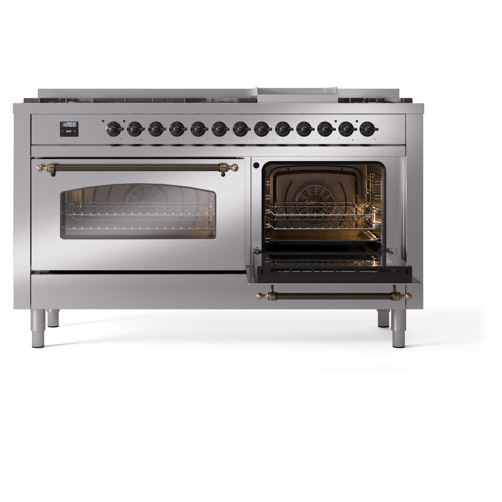 Nostalgie II 60 UP60FNMPSSB Freestanding Dual Fuel Range with 9 Sealed Burners with Griddle Double Oven with Triple Glass Door with Bronze knobs UP60FNMPSSBLP