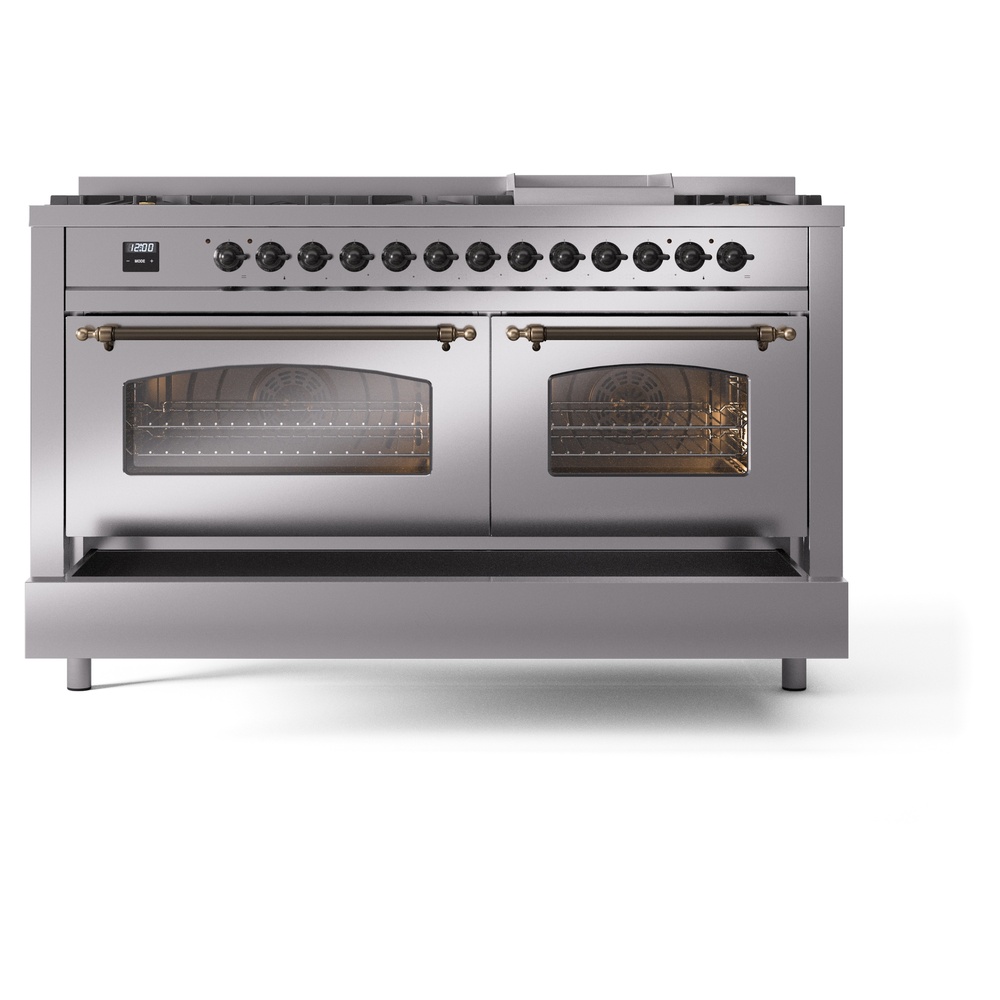 Nostalgie II 60 UP60FNMPSSB Freestanding Dual Fuel Range with 9 Sealed Burners with Griddle Double Oven with Triple Glass Door with Bronze knobs UP60FNMPSSBLP
